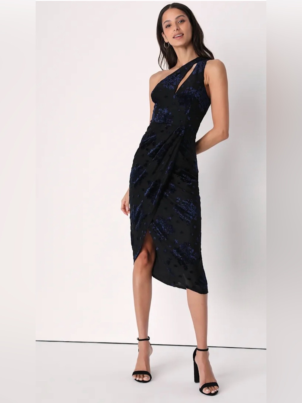 Lulus One-Shoulder Navy/Black Velvet Floral Midi Dress - Size S